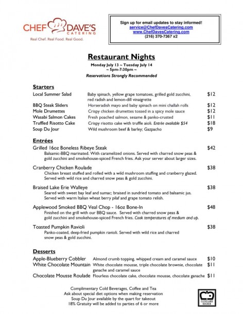 Restaurant Nights Menu 071315