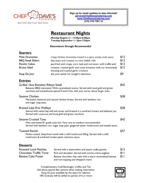 Restaurant Nights Menu 083115