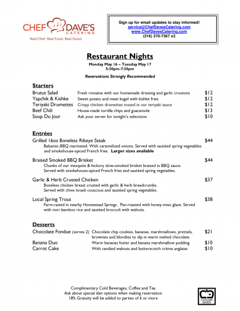 Restaurant Nights Menu 051616