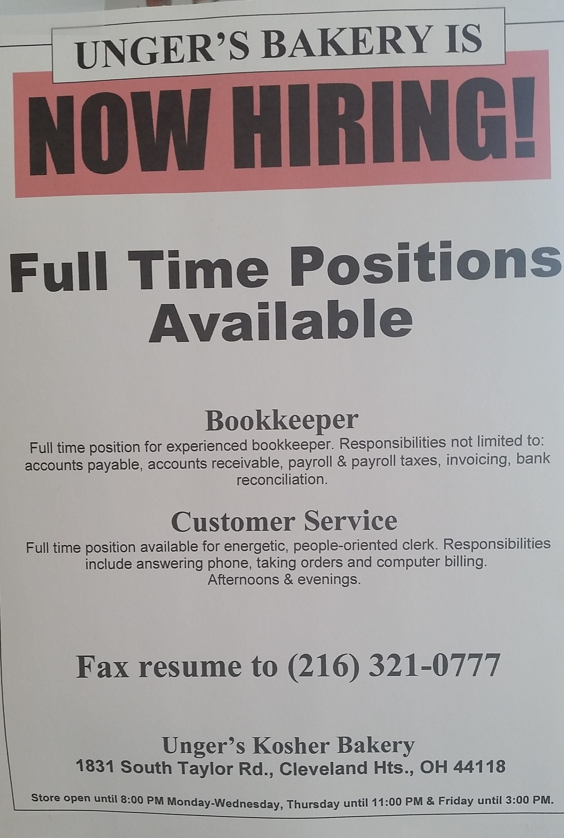 Ungers Bakery is Now Hiring!