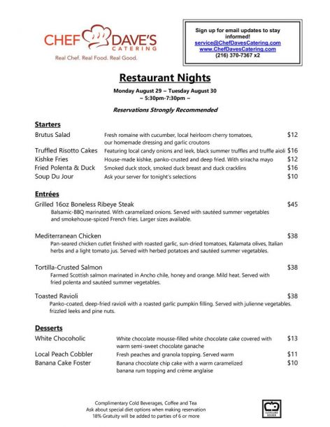 Restaurant Nights Menu 082916