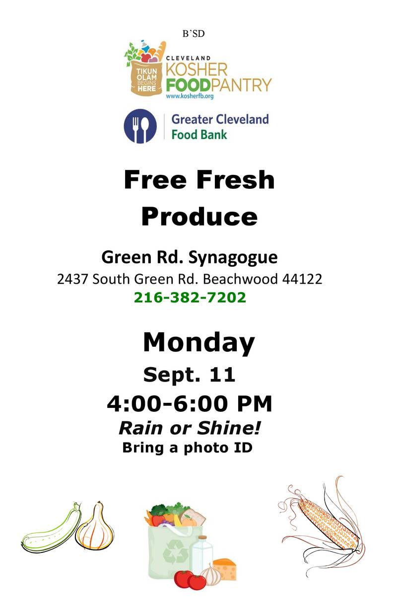Kosher Food Pantry Distribution Monday, Sept. 11, 46pm