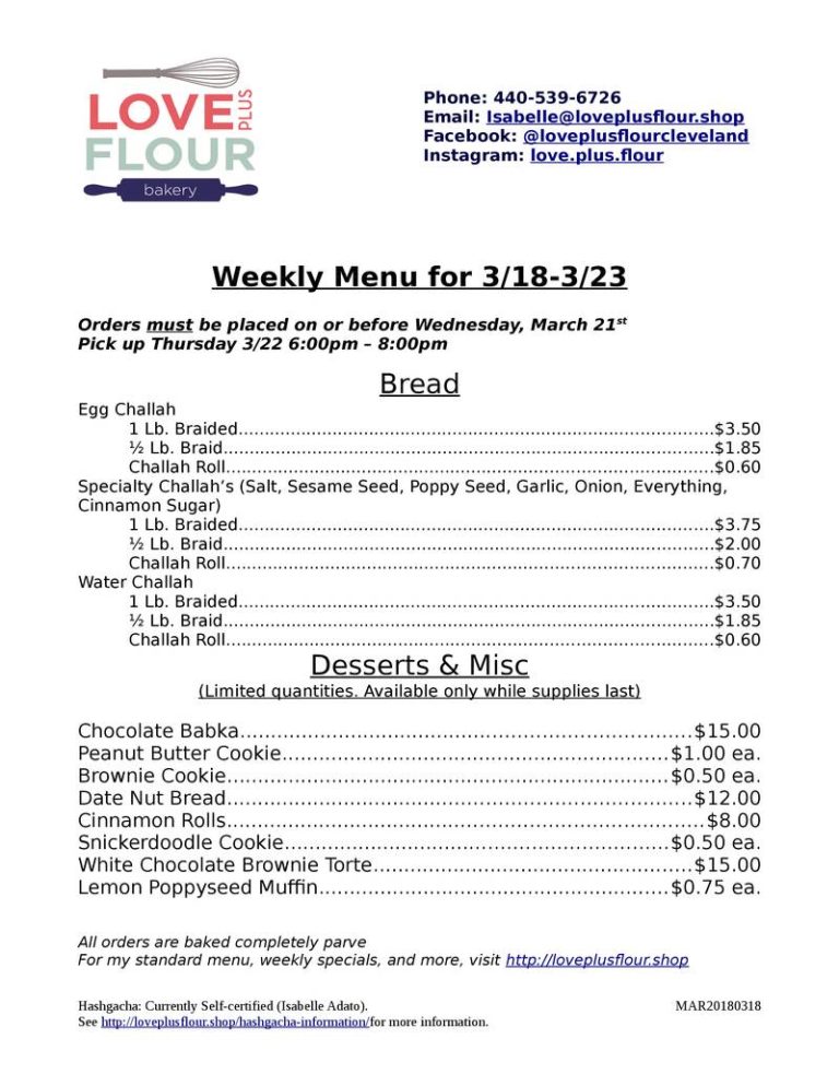 Love Plus Flour weekly menu for 3/18