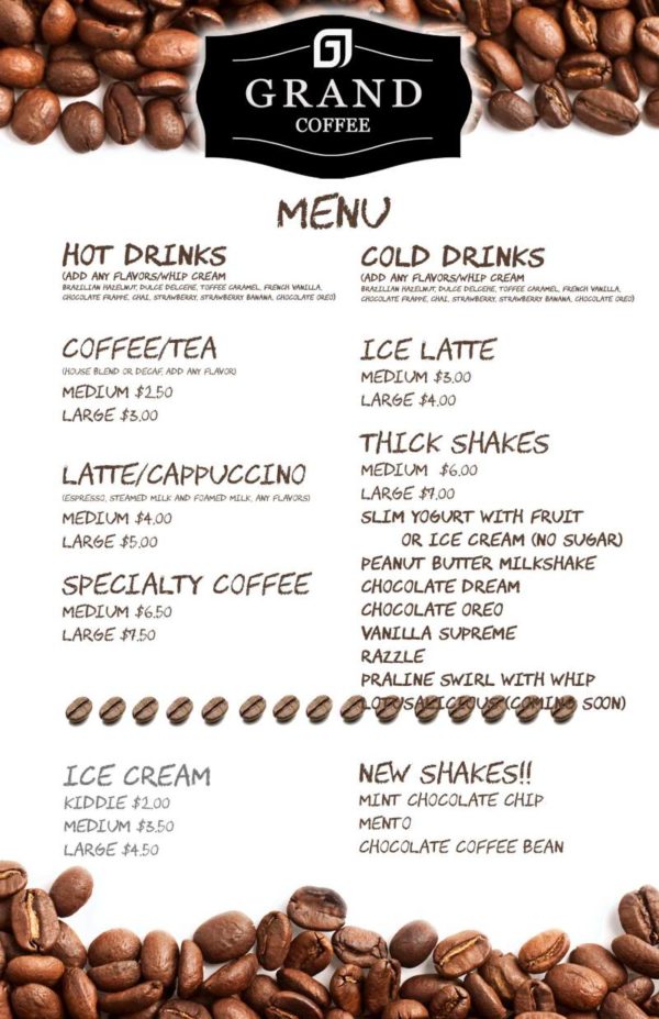 Grand Coffee Menu Hot or Cold Drinks and Shakes for Every Taste