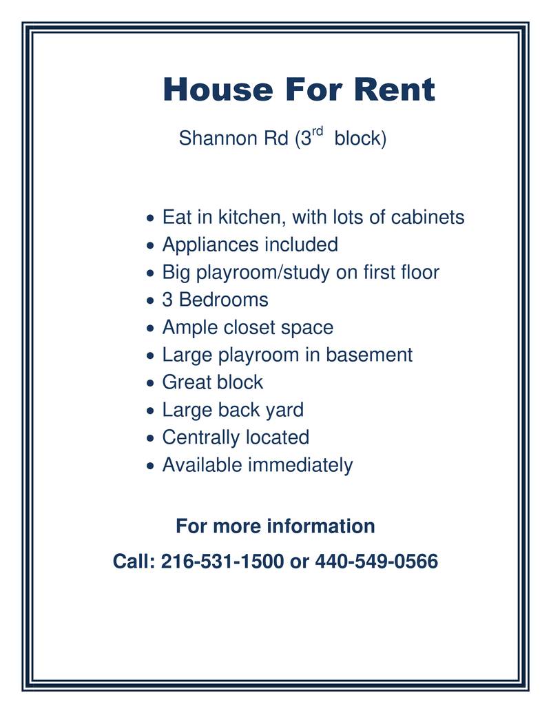 Shannon Road House for Rent